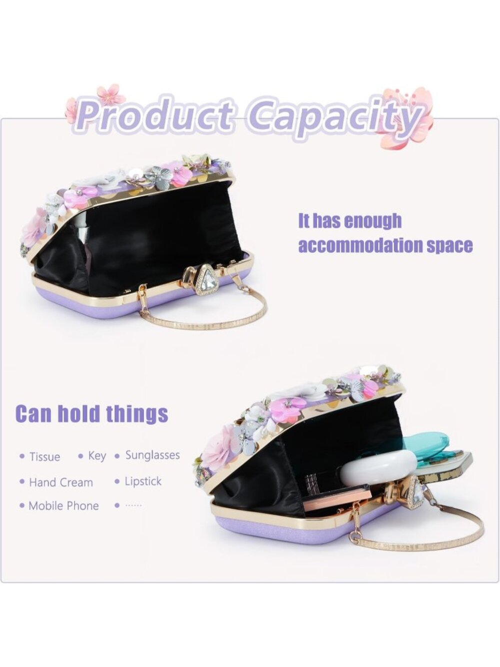 Women's Purple Clutches Flower Chain Strap Evening Imported Shoulder Bag - Picture 5 of 7